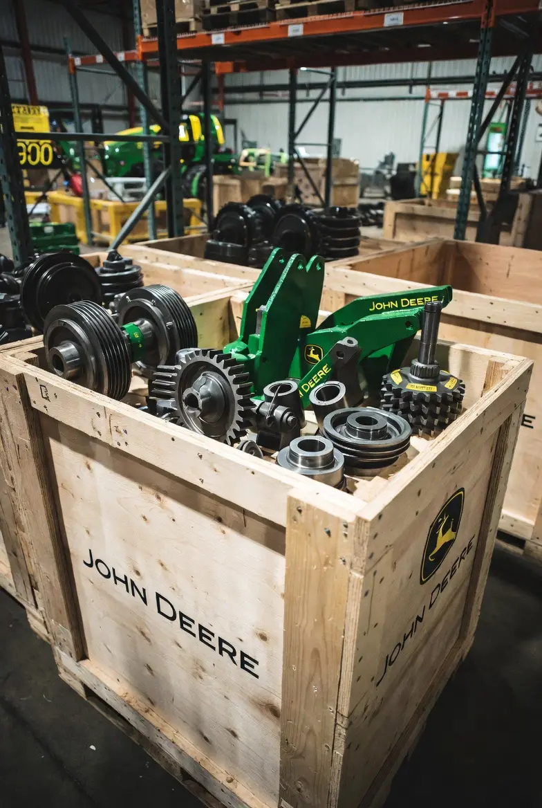 John Deere REMAN parts crates in warehouse ready for international export