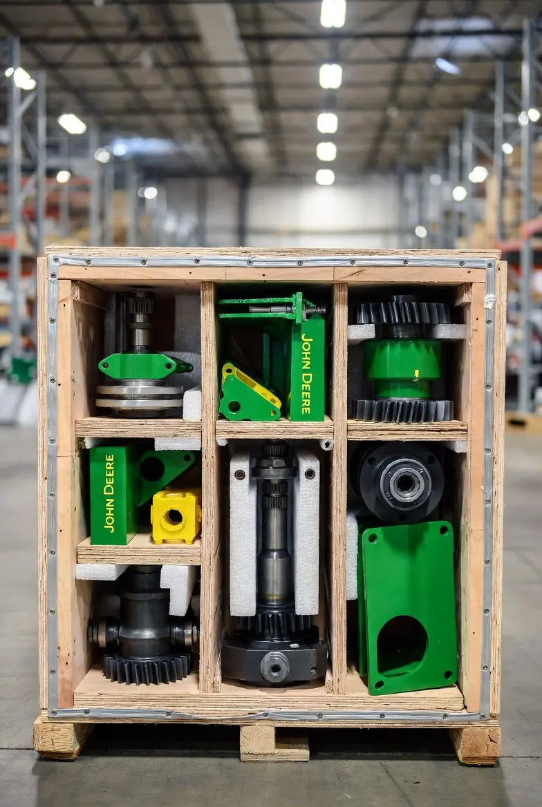 John Deere REMAN Ersatzteile-Kisten im Lager bereit für internationalen Export
